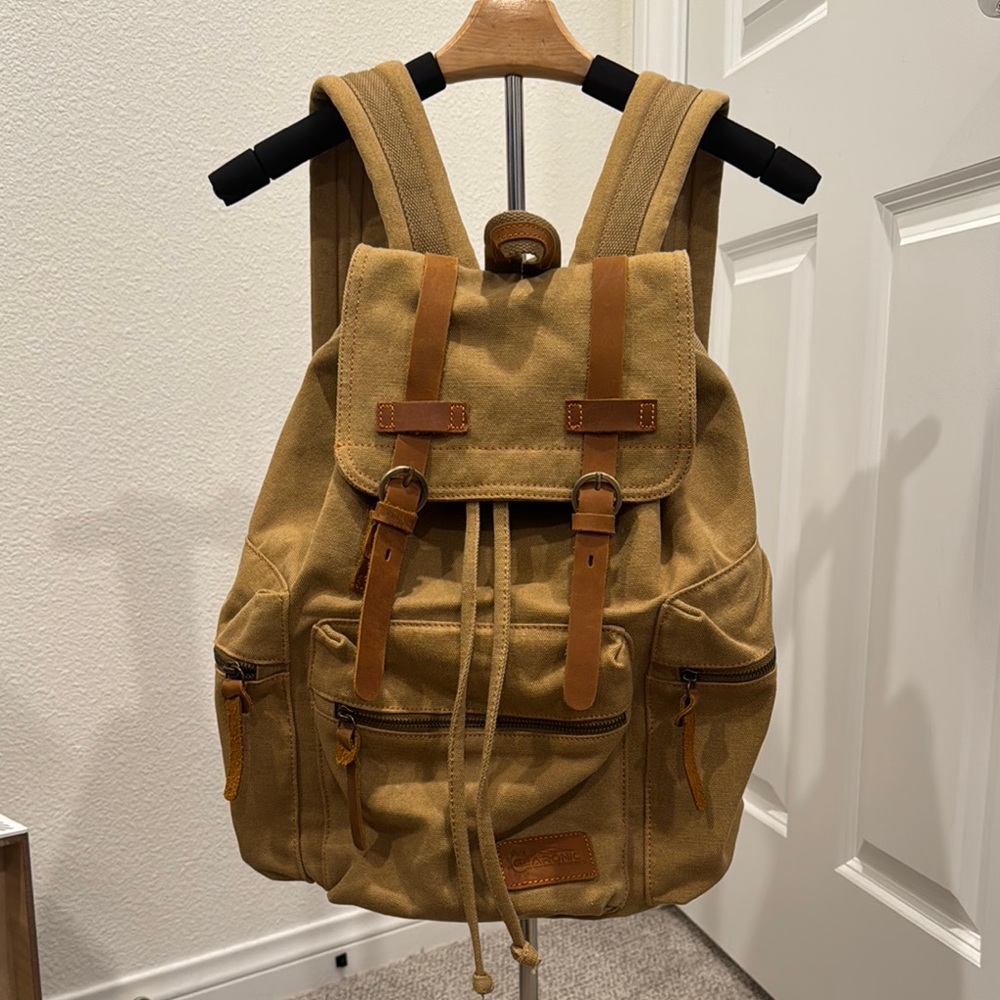 Tan and Brown Canvas Backpack with Vintage Design